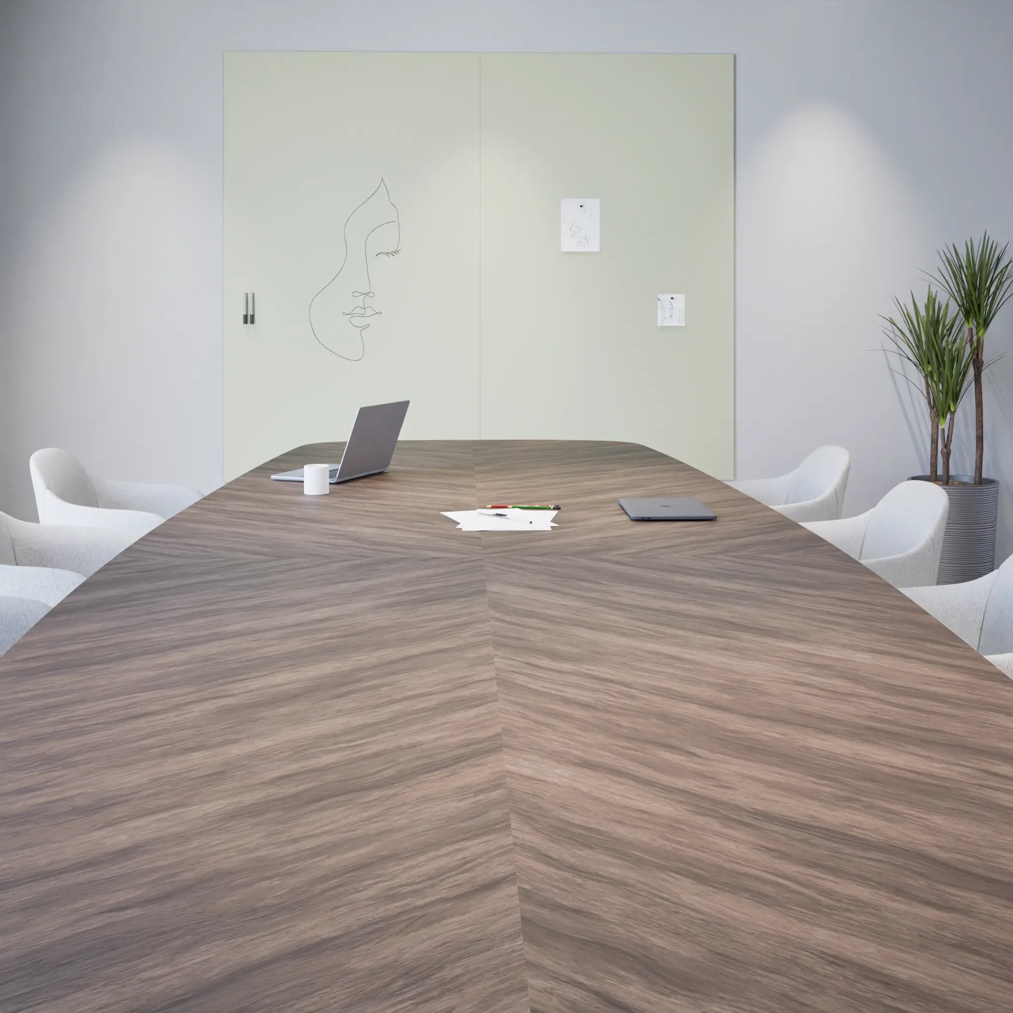 Modern conference room with Chameleon Sharp Wall Frameless VES Magnetic Whiteboard, perfect for creative, collaborative sessions.