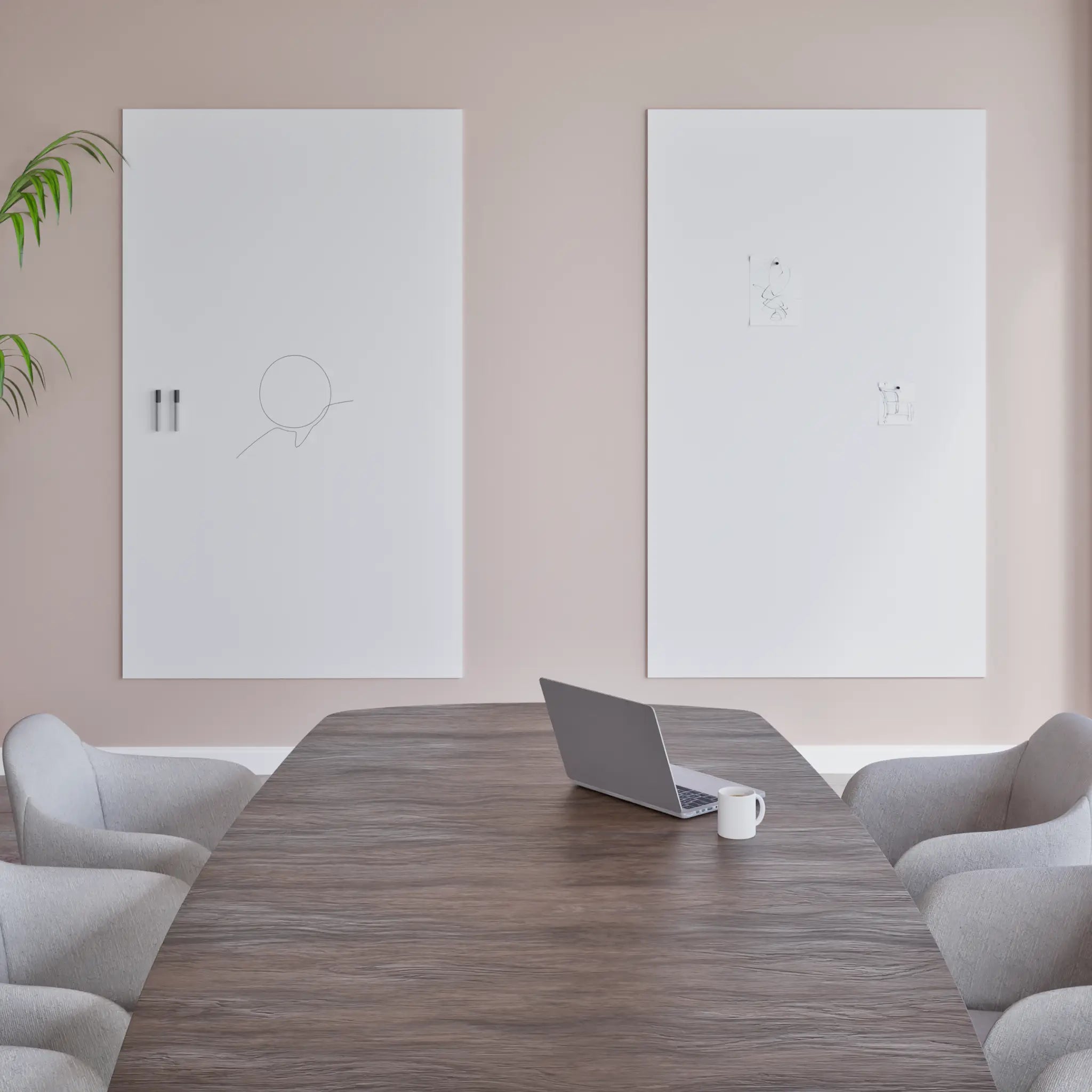Modern conference room with wooden table, laptop, Chameleon Sharp Frameless VES Magnetic Whiteboards, gray chairs, and plant.