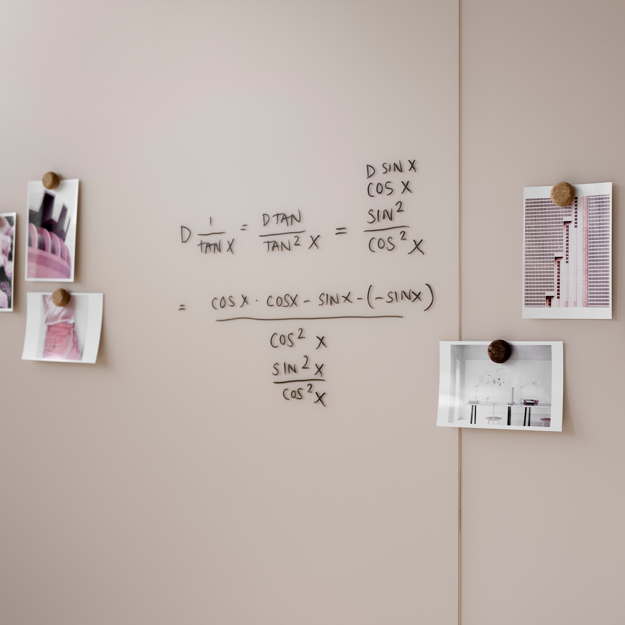 Promote productivity with the Lintex Silk Wall: beige matte glassboard, black marker equations, and pink-hued photos on magnets.