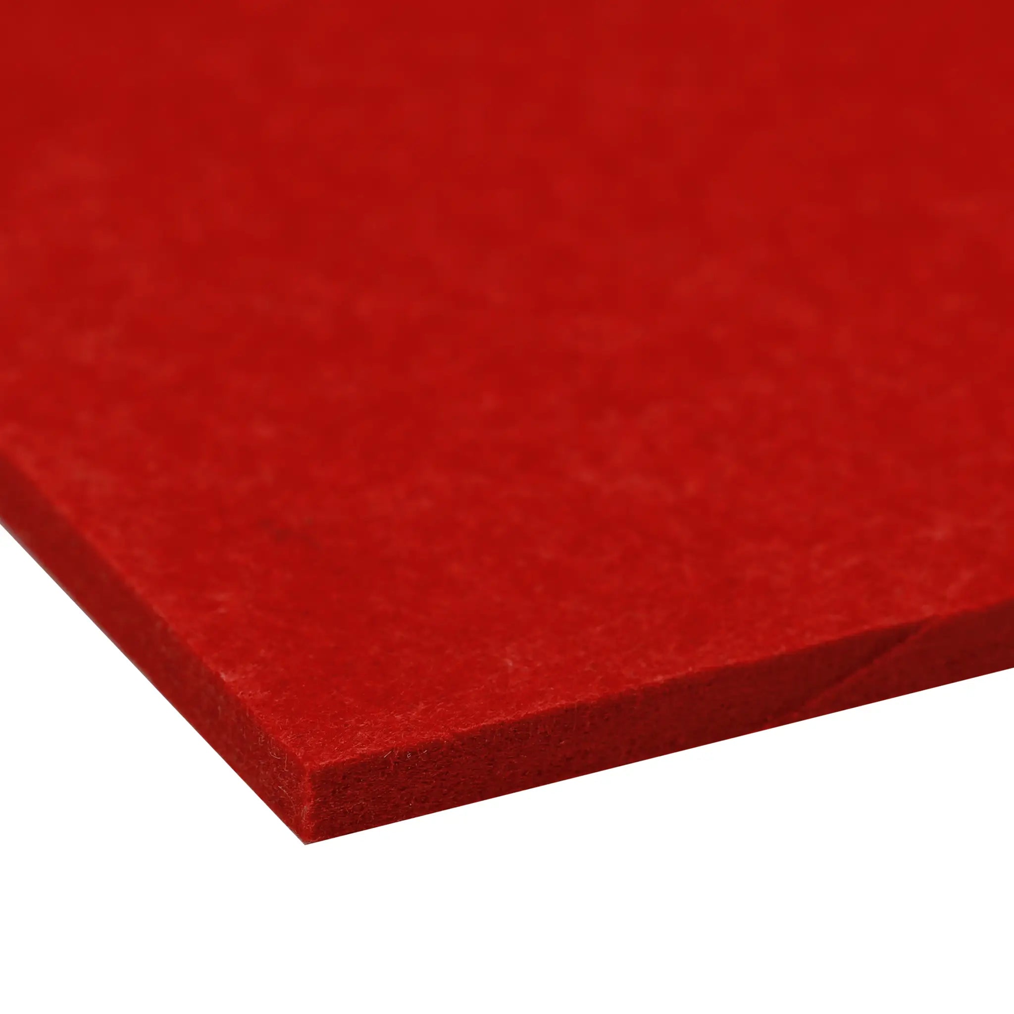 Close-up of fire-rated red felt PET Polycolour FR Unframed Notice Board by Presentation Spaces, on white background.
