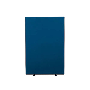Blue office room divider panel on black feet, ideal privacy solution for high-risk workspaces and travel insurance environments.