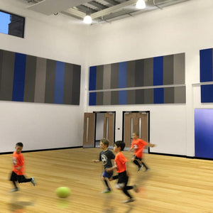 Boys play in a sunlit gym with wooden floors and Zen Zone’s Zen Impacta blue and gray acoustic wall panels for sound control.