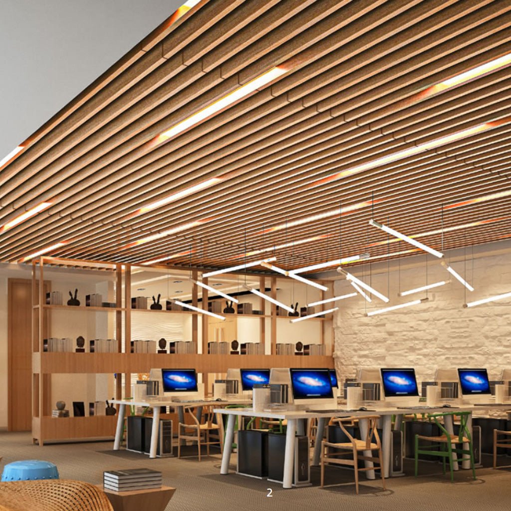 Showcasing Zen Zone's Zen Beam acoustic solution in a modern office with wooden features and sleek, collaborative workspaces.