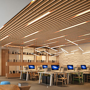 Showcasing Zen Zone's Zen Beam acoustic solution in a modern office with wooden features and sleek, collaborative workspaces.