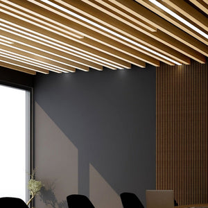 Modern interior with dark gray wall, wood slats, and Zen Zone Zen Beam baffles for acoustic control; black chairs and plant visible.