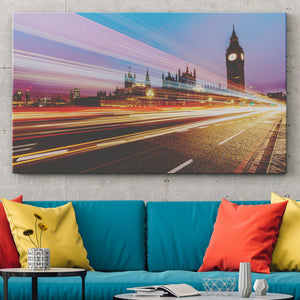 Modern living room with teal sofa, colorful pillows, and Zen Photo acoustic panels showing Big Ben and London light trails above couch.
