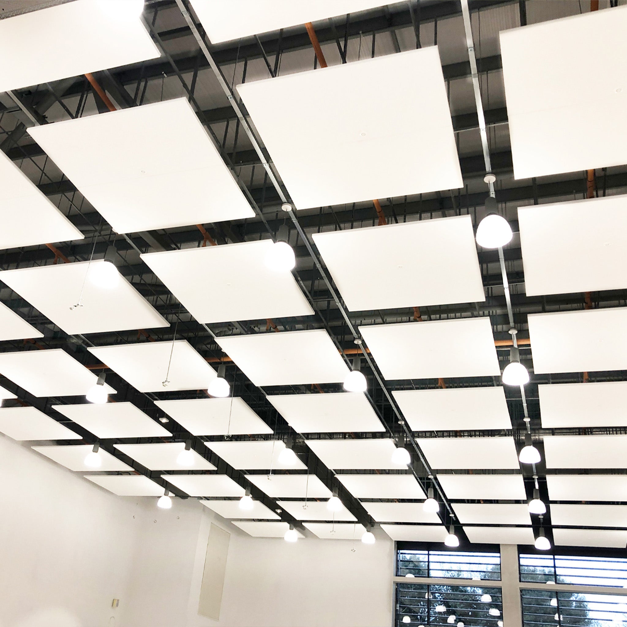 Discover the Zen Zone Zen Raft ceiling with white sound panels, exposed beams, modern lights, and large windows for natural light.