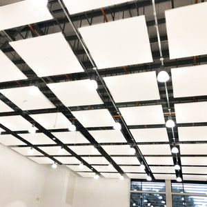 Discover the Zen Zone Zen Raft ceiling with white sound panels, exposed beams, modern lights, and large windows for natural light.