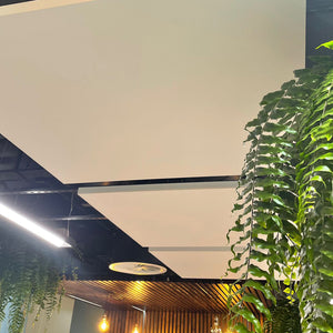 Zen Raft’s sleek white sound panels hang overhead, accented by green ferns, wood slats, pendant lights, and a modern air vent.