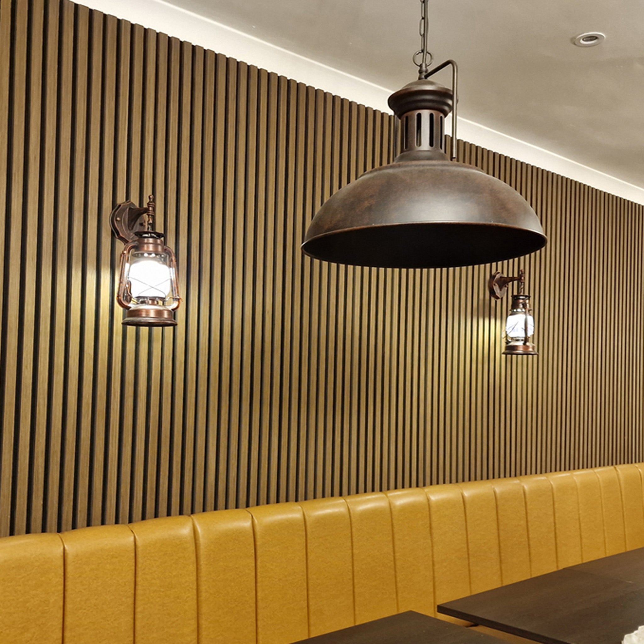 Experience a modern restaurant with Zen Zone’s Zen Timber Slat wall, yellow bench, vintage lanterns, and industrial pendant light.