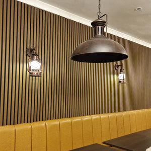 Experience a modern restaurant with Zen Zone’s Zen Timber Slat wall, yellow bench, vintage lanterns, and industrial pendant light.