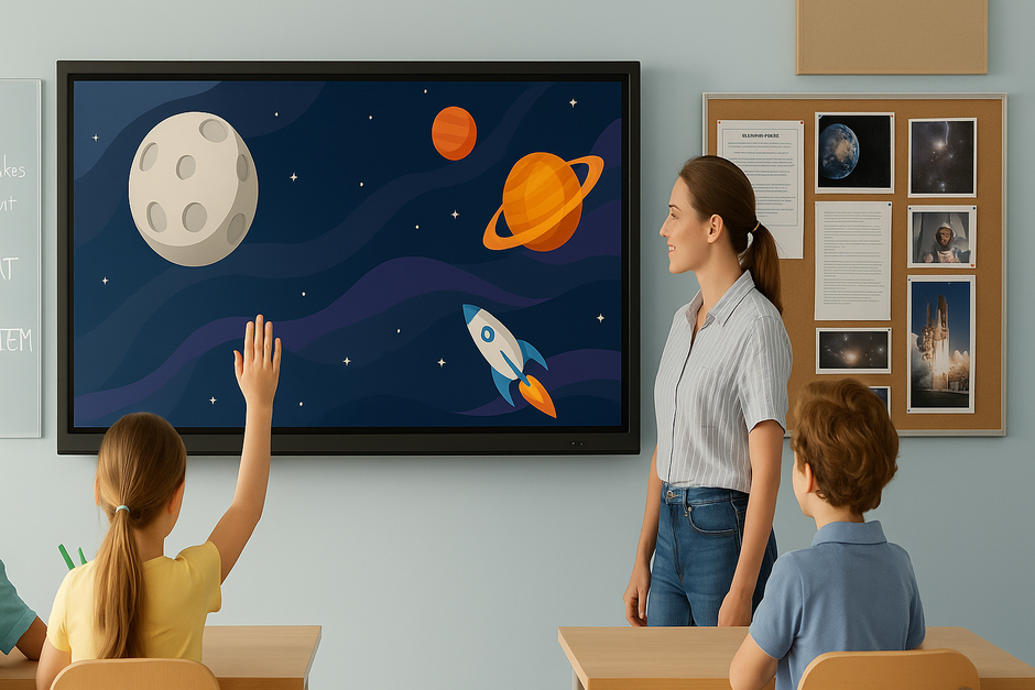 World Space Week classroom: teacher leading a space lesson on an interactive screen while pupils contribute facts on a glassboard and displays show planets and rockets