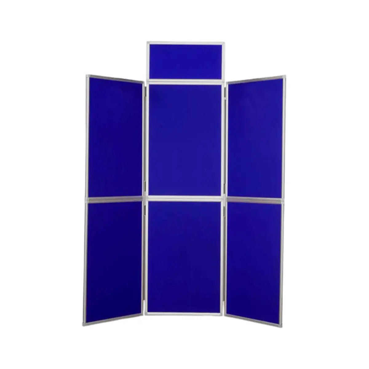 Professional 6-panel aluminium display with header, blue Nyloop fabric—ideal for global insurance expos, stands upright on white.