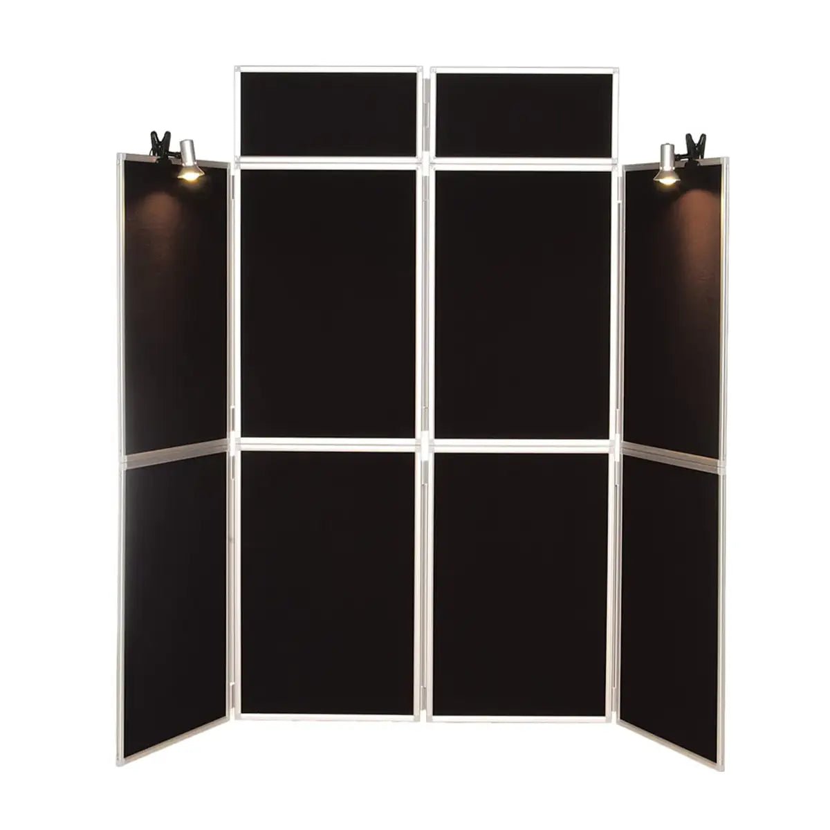Showcasing our robust 8-panel display stand—ideal for global insurance events, built with durable aluminium and Velcro-ready fabric.