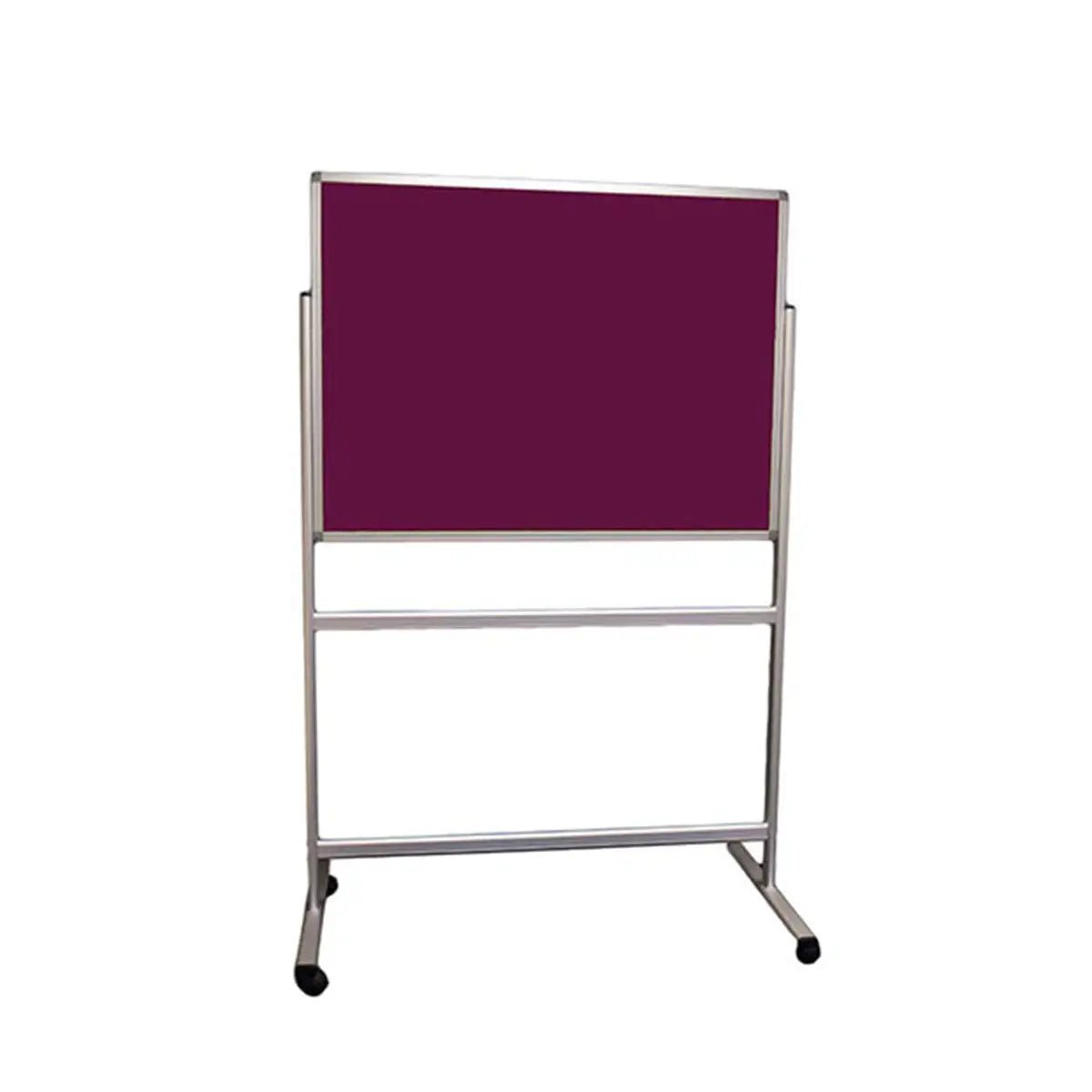Mobile Double-Sided Felt & HPL Noticeboard with maroon surface, silver wheeled frame—eye-catching, perfect for modern meeting rooms.