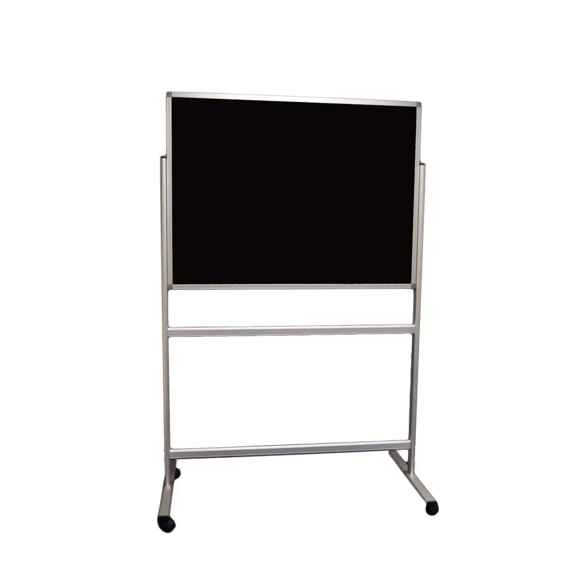 Rectangular, mobile double-sided noticeboard with felt and HPL dry-wipe, four wheels—ideal for office or meeting spaces.