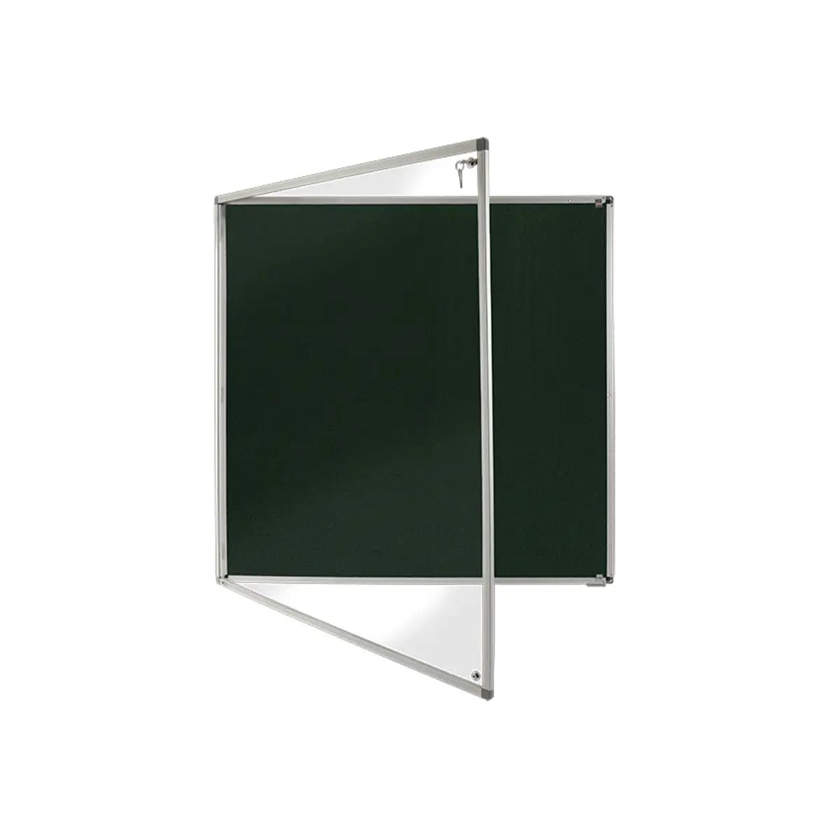 Class B Fire Rated Eco Tamperproof Noticeboard, aluminium frame, hinged panel open—ideal secure info display for global work safety.