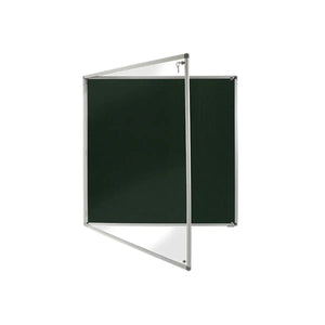 Class B Fire Rated Eco Tamperproof Noticeboard, aluminium frame, hinged panel open—ideal secure info display for global work safety.