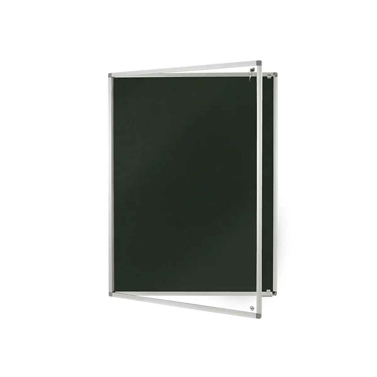 Secure, fire-rated green noticeboard with silver frame, ideal for global offices and high-risk locations; wall mounted, tamperproof.