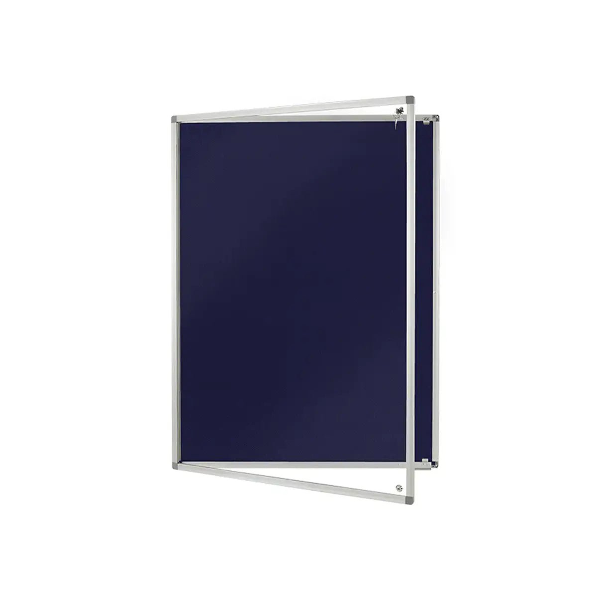 Class B fire rated tamperproof blue noticeboard with silver aluminium frame, ideal for secure updates in high-risk global locations.