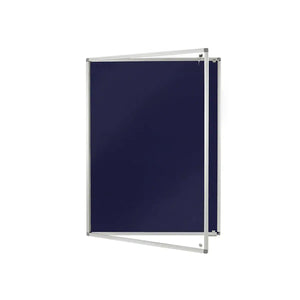 Class B fire rated tamperproof blue noticeboard with silver aluminium frame, ideal for secure updates in high-risk global locations.