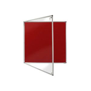 Secure Eco Tamperproof Noticeboard, Class B Fire Rated—ideal for global risk zones. Glass cover partially open, red backing visible.