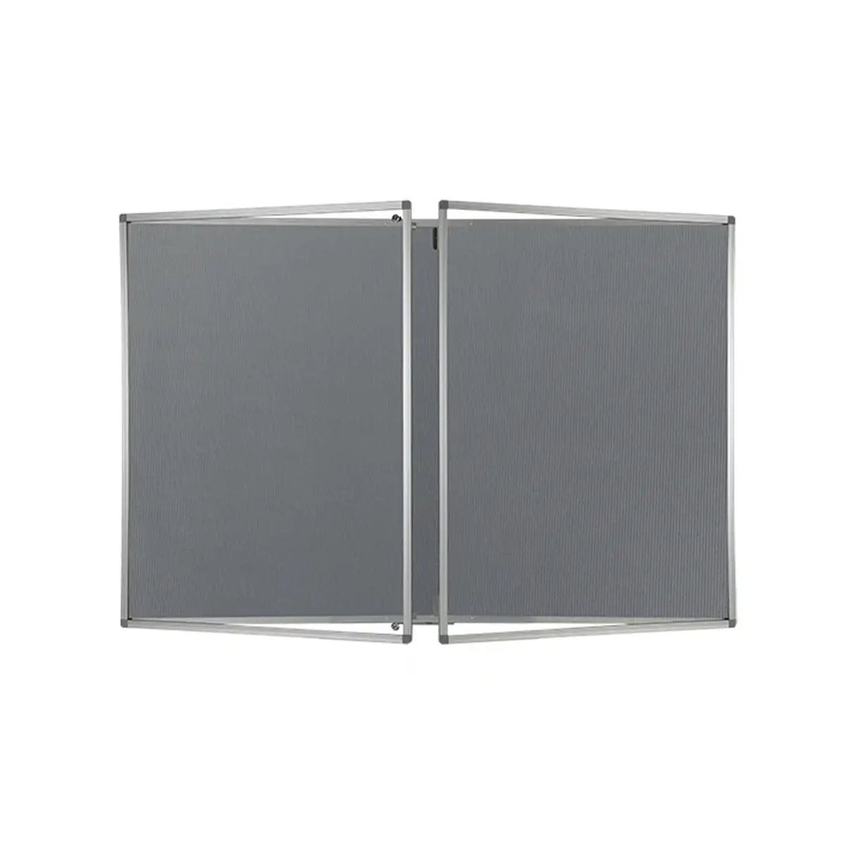Secure, fire-rated noticeboard with dual gray panels in aluminum frame—ideal for displaying vital travel or work insurance info.
