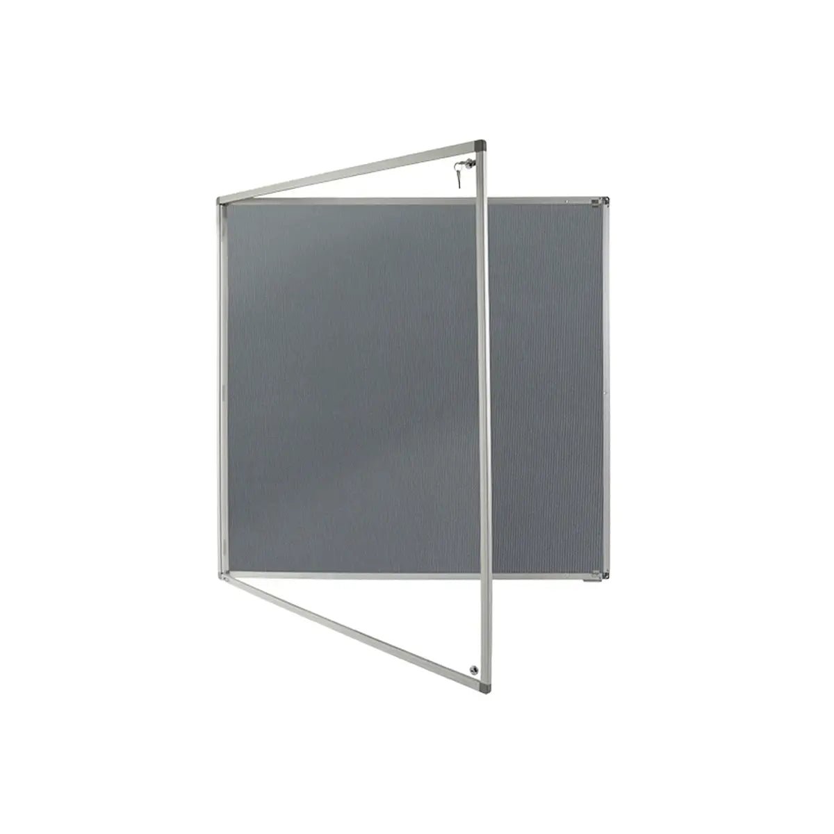 Class B fire-rated gray tamperproof noticeboard with hinged door, ideal for high-risk travel or work insurance offices worldwide.