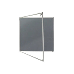 Class B fire-rated gray tamperproof noticeboard with hinged door, ideal for high-risk travel or work insurance offices worldwide.