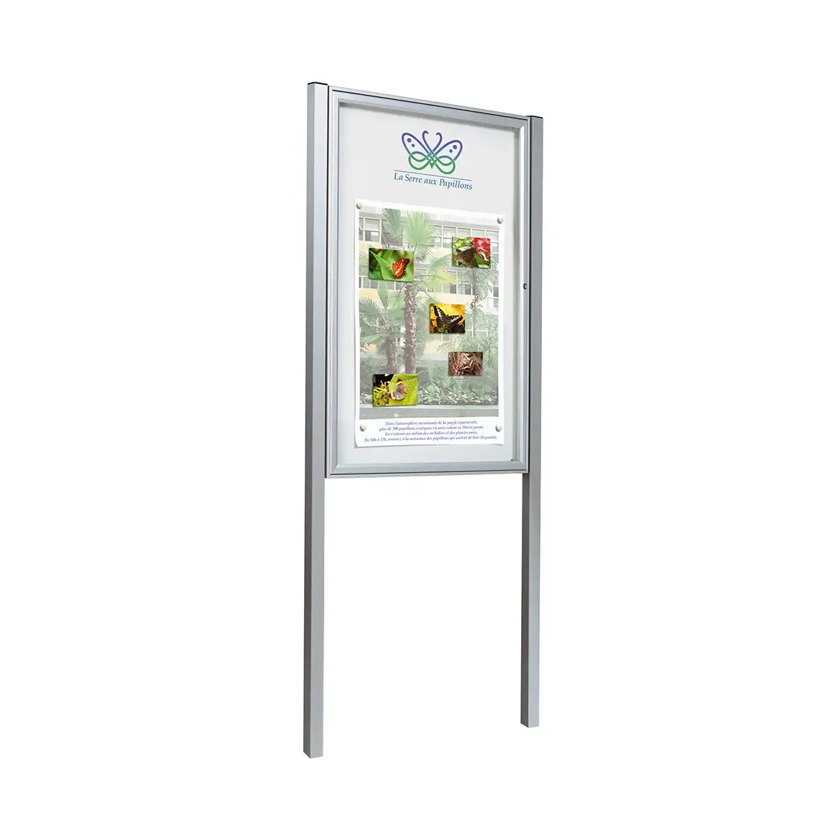 Durable lockable noticeboard with silver frame and clear panel, ideal for secure outdoor info sharing in high-risk locations globally.