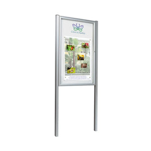 Durable lockable noticeboard with silver frame and clear panel, ideal for secure outdoor info sharing in high-risk locations globally.