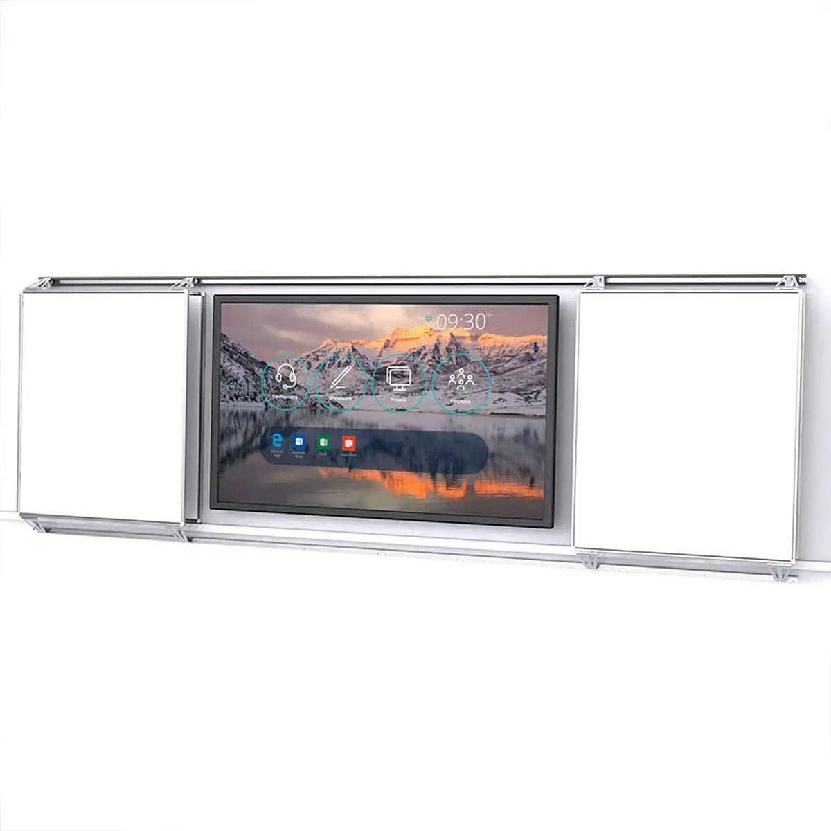 Discover the Remonta FlexiView Slider on a white wall, with sliding boards and a digital mountain display—perfect for space-saving.