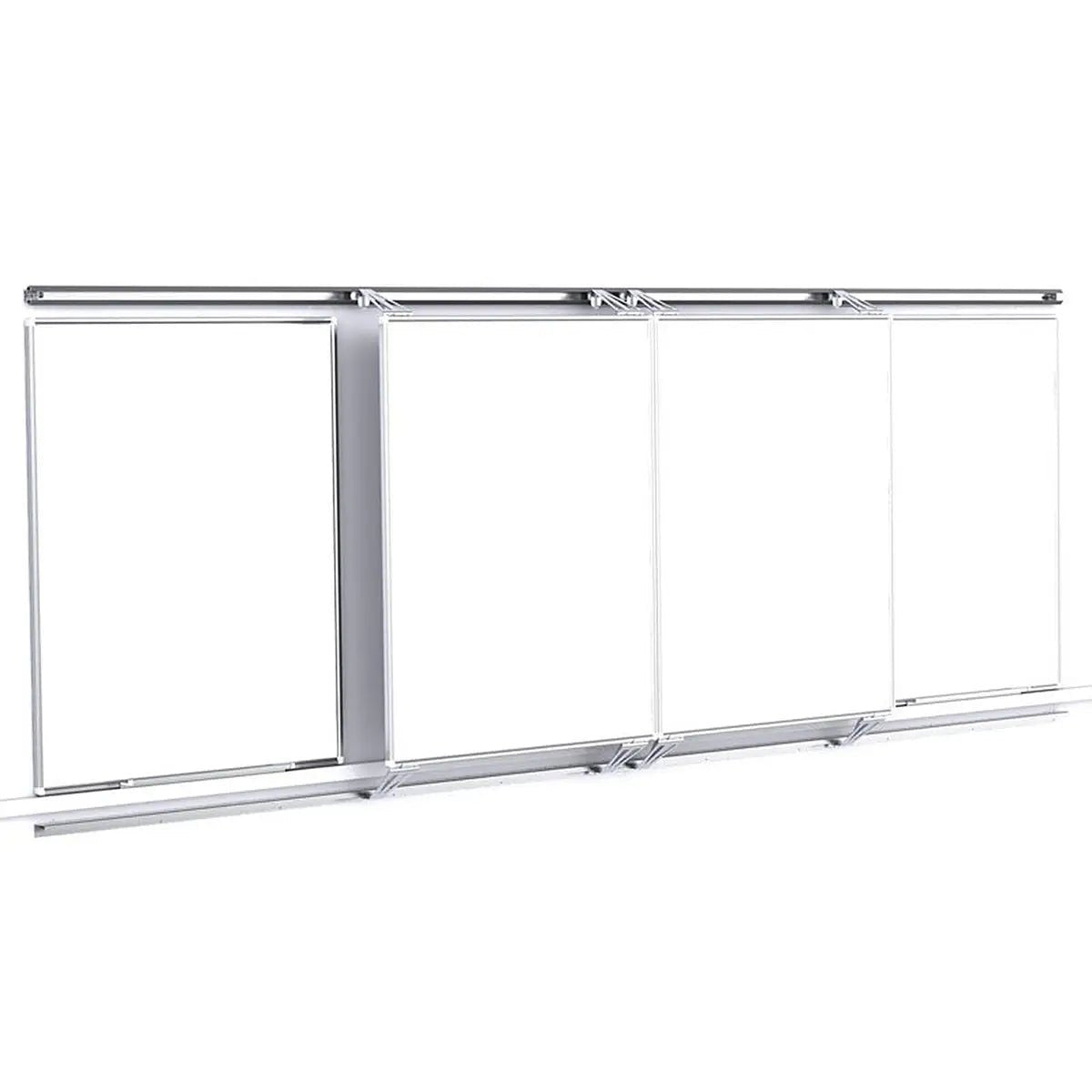 Remonta FlexiView Slider: 4 large magnetic dry-wipe boards in a sleek sliding metal frame, ideal for space-saving in offices or schools.