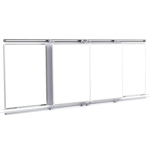 Remonta FlexiView Slider: 4 large magnetic dry-wipe boards in a sleek sliding metal frame, ideal for space-saving in offices or schools.