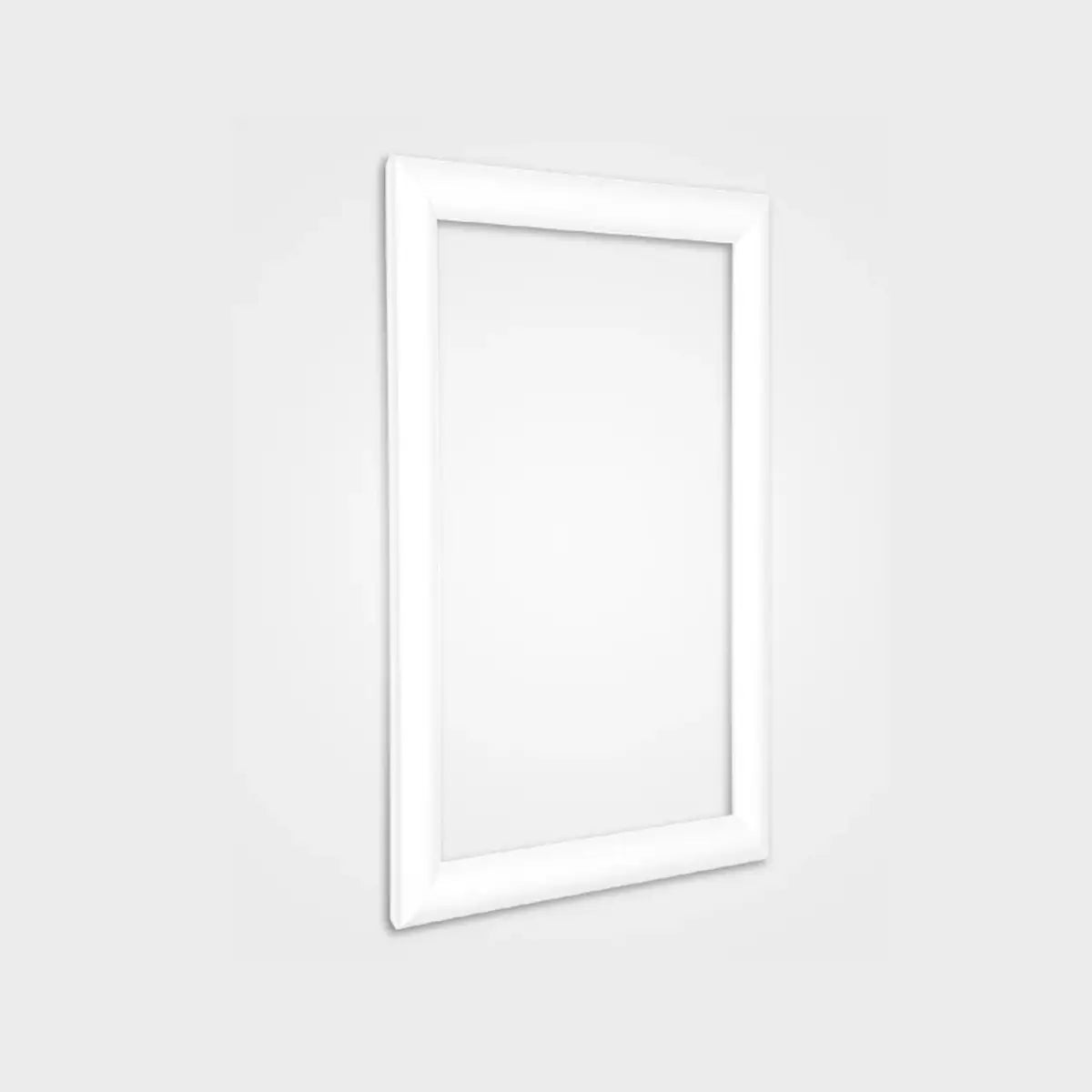 Secure, durable white 25mm snap frame with powder-coated finish, ideal for insurance documents, displayed on a light gray background.