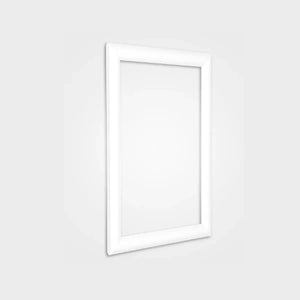 Secure, durable white 25mm snap frame with powder-coated finish, ideal for insurance documents, displayed on a light gray background.