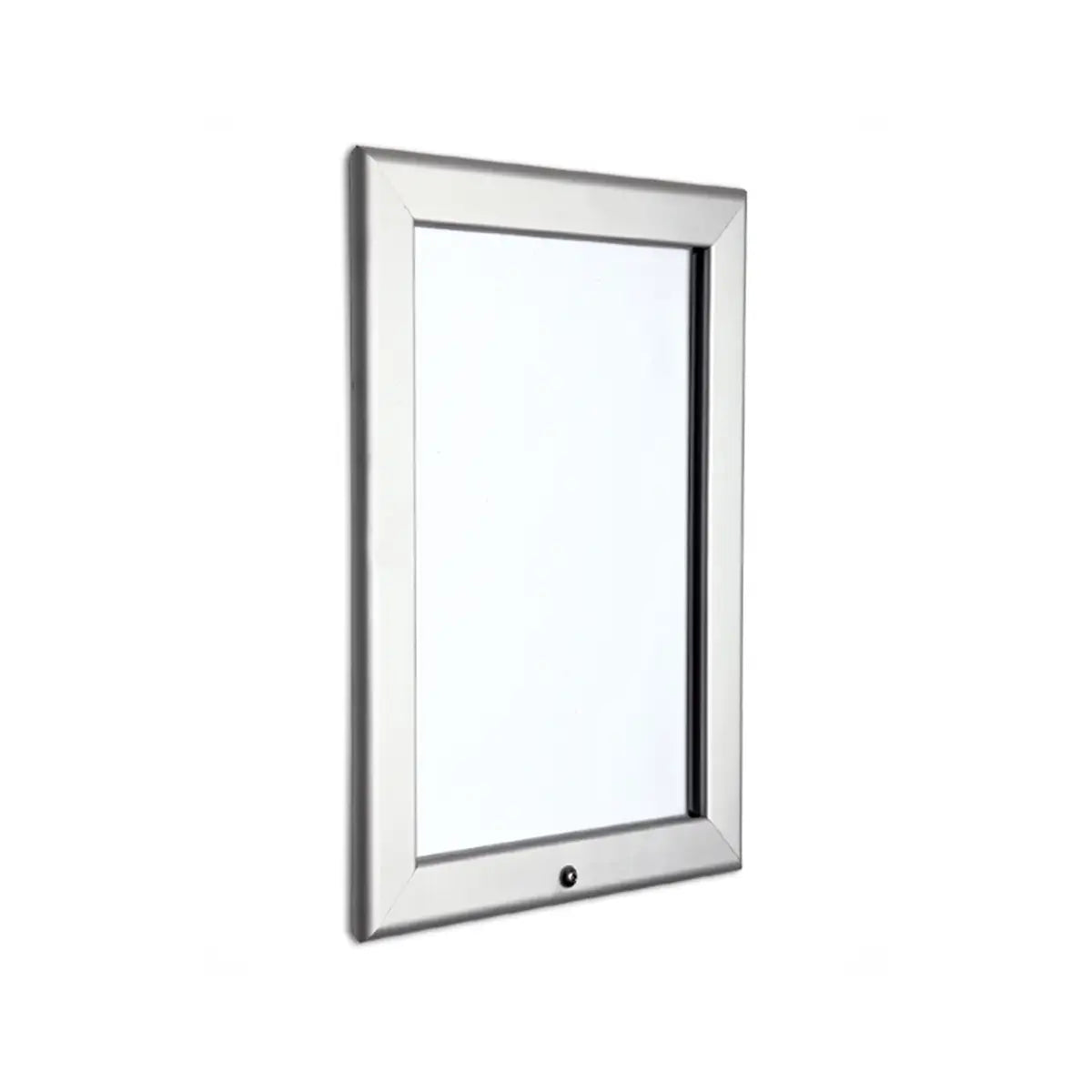 Secure your safety info: Silver locking snap frame 32mm, robust and weatherproof, ideal for global work and travel insurance notices.