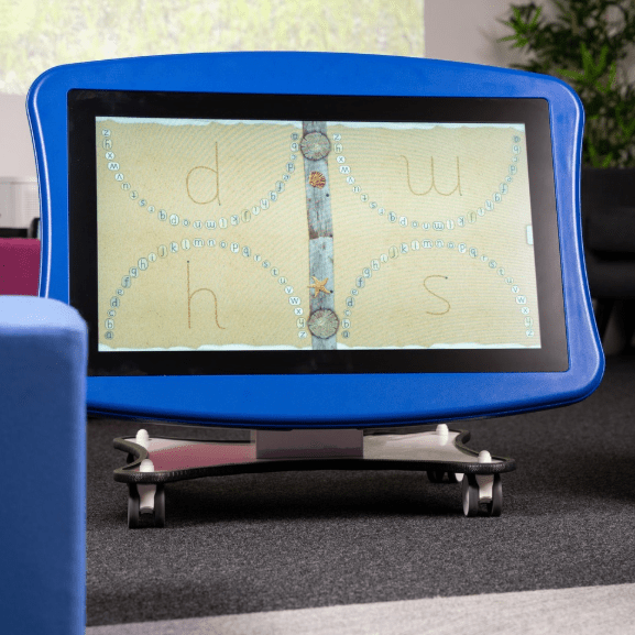 Promote early years learning with the Interactive Mobile PlayPanel—32" touchscreen, blue frame, and tactile sand letter display.