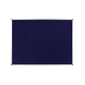 Class 1 fire-rated navy blue Hessian notice board with aluminium frame, ideal for secure workspaces in high-risk global locations.