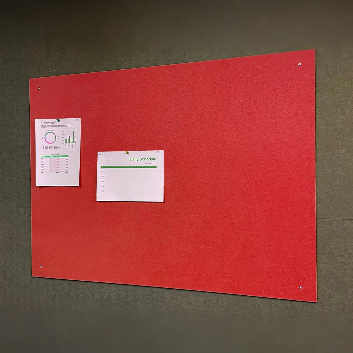 Red Premier Camira Lucia Notice Unframed Notice Board (Class 1 Fire Rating) with chart, schedule pinned. British made.