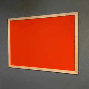 Premium Camira Lucia notice board with orange surface and ash frame, Class 1 fire rating, ideal for secure work and travel offices.
