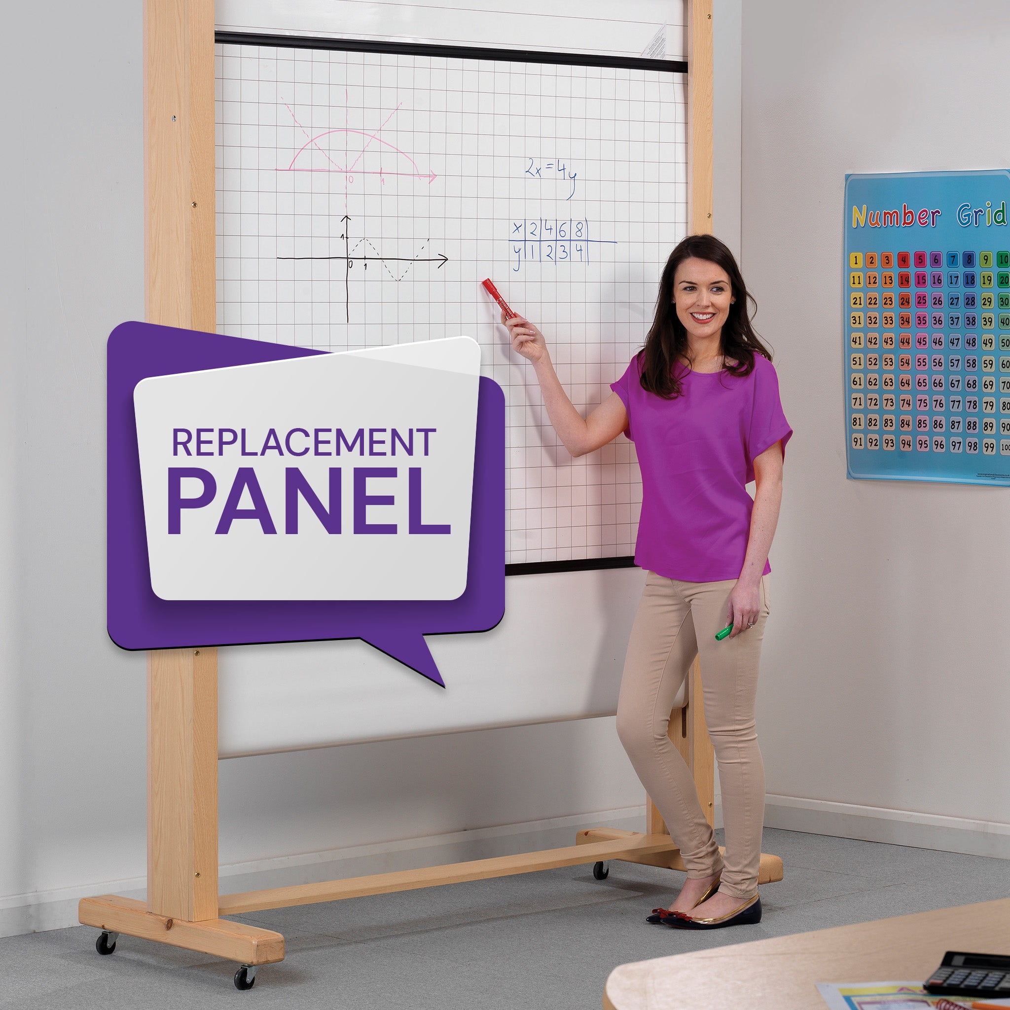 Professional presenter in a purple top points at a graph on a whiteboard showcasing our Replacement Panel for Mobile Rollerboard Frame.