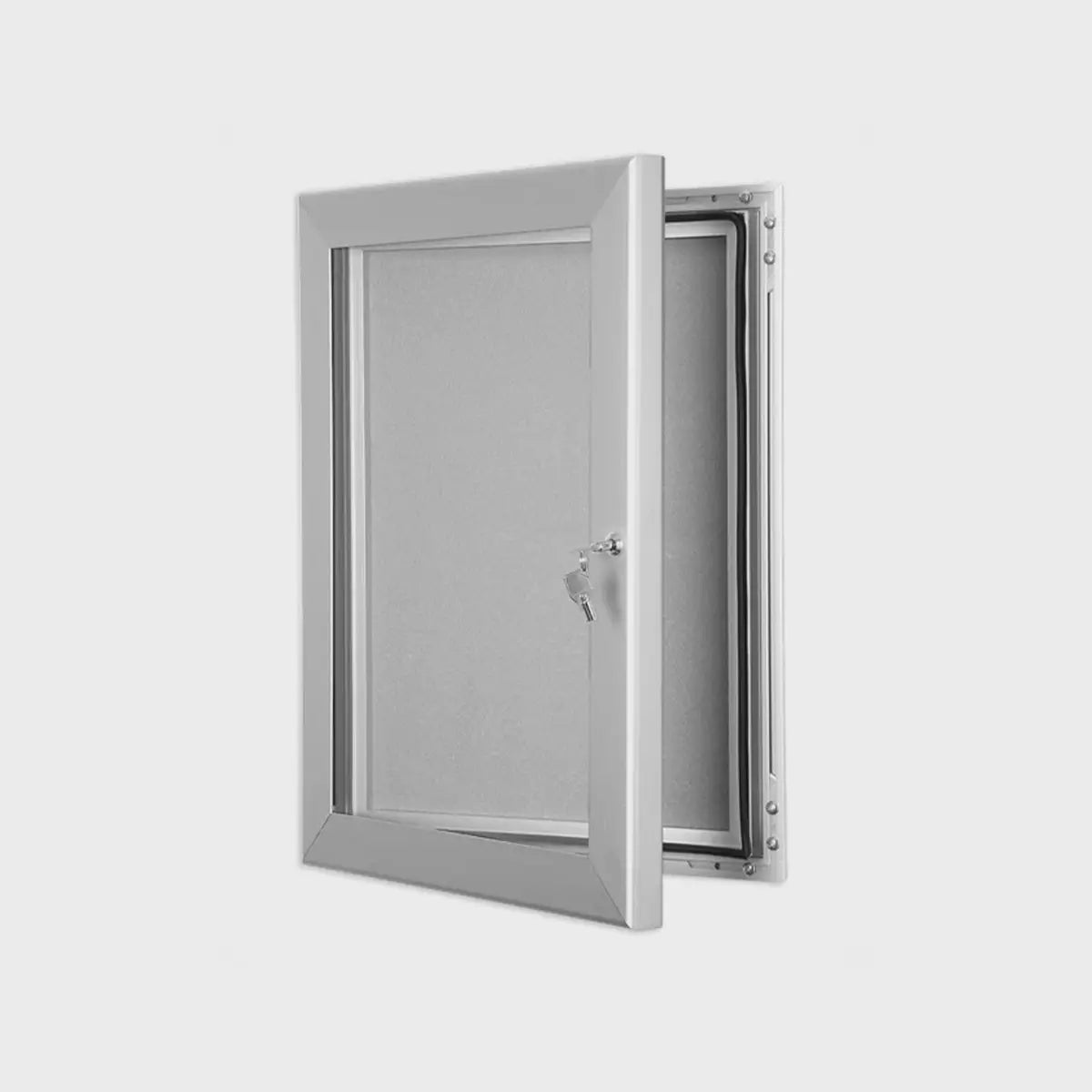Weatherproof wall-mounted noticeboard with secure lock, ideal for displaying insurance updates in high-risk global work zones.