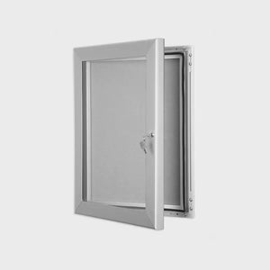Weatherproof wall-mounted noticeboard with secure lock, ideal for displaying insurance updates in high-risk global work zones.