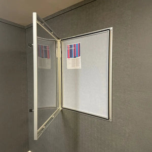 Presentation Spaces Weatherproof Wall-Mounted Noticeboard (Silver) open, displaying a safety notice—ideal for global insurer offices.