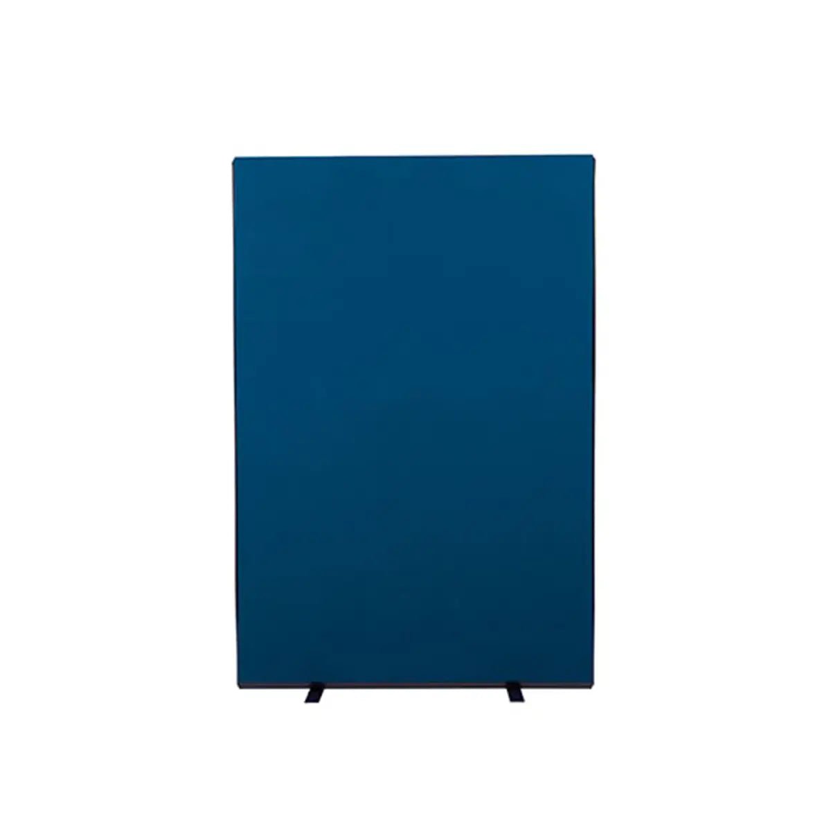 Blue office room divider panel on black feet, ideal privacy solution for high-risk workspaces and travel insurance environments.